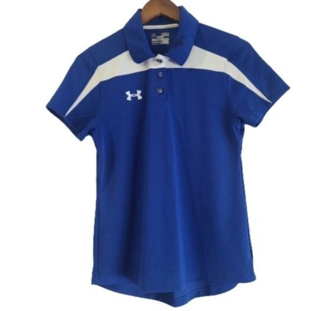 Under Armour Womens Polo Shirt Semi Fitted Heat Gear Blue White Sz M